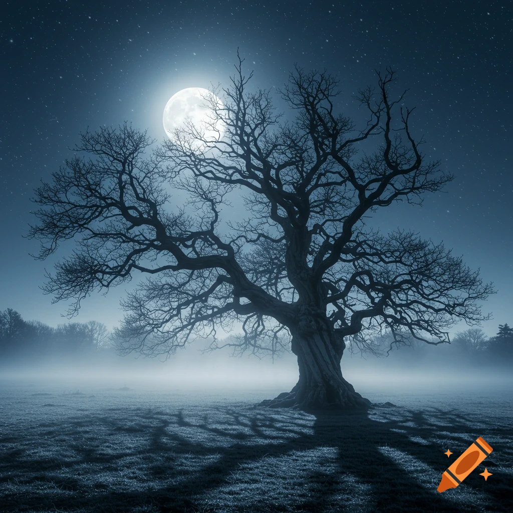 A large, gnarled, leafless tree stands in a misty field under a bright full moon and starry night sky.