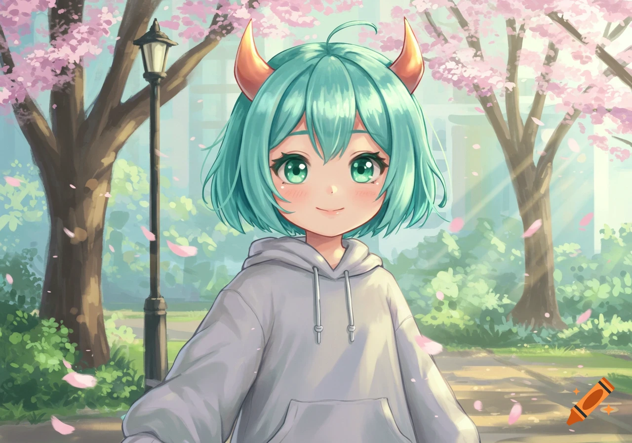 A cute anime girl with mint green hair, mini horns, and green eyes, wearing a gray baggy hoodie, in a park with cherry blossoms.