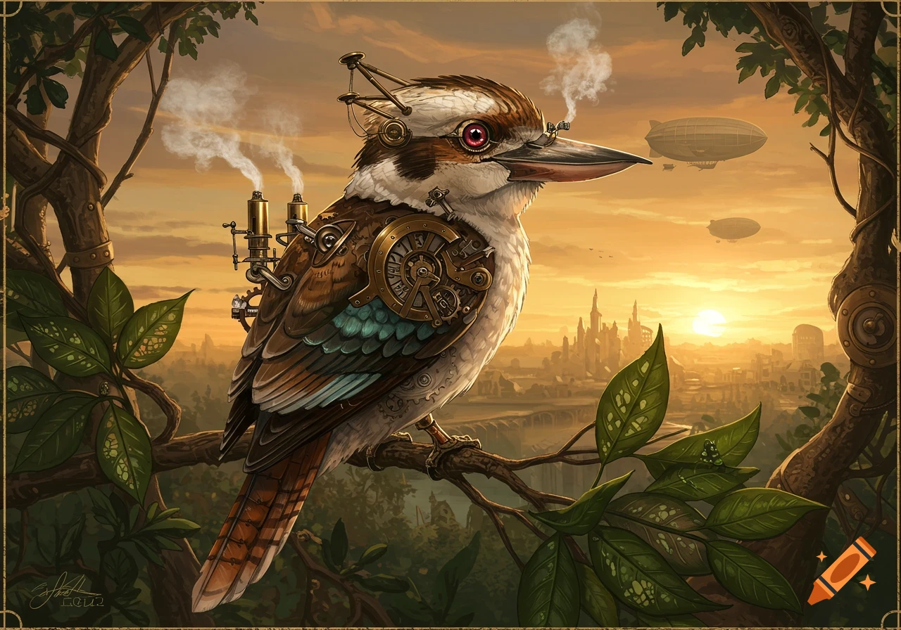 A detailed steampunk clockwork kookaburra perches on a tree branch, overlooking a city skyline with airships at sunset.