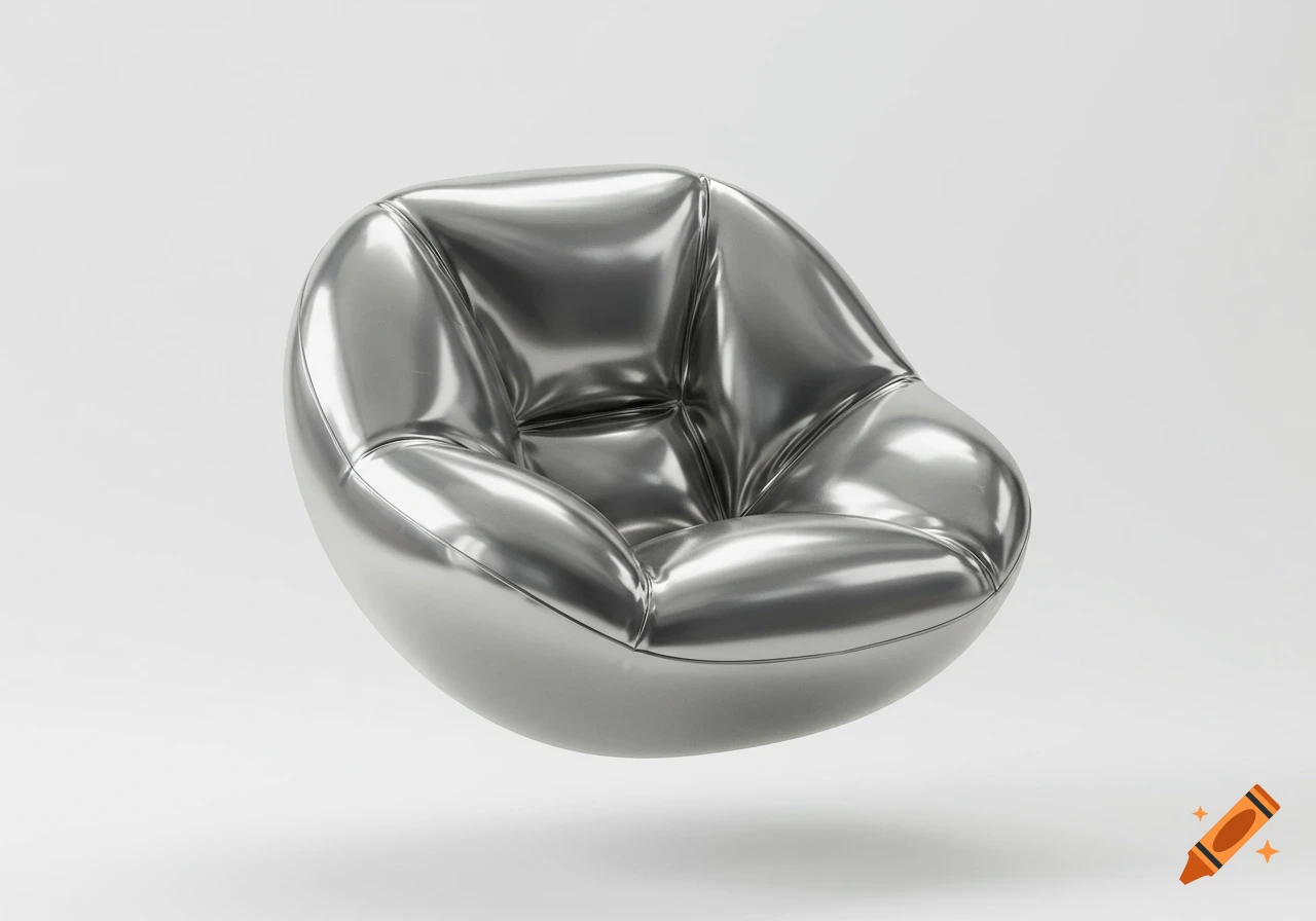 A shiny silver inflatable chair floats against a minimalist white background.