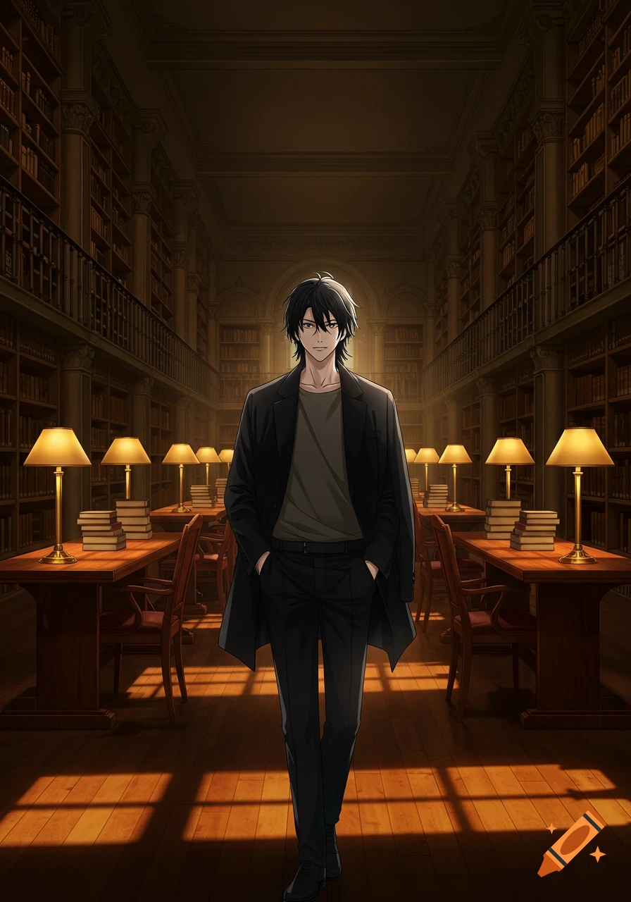 A cool, black-haired anime man in a black jacket and slim pants stands in a grand library filled with bookshelves and study tables.