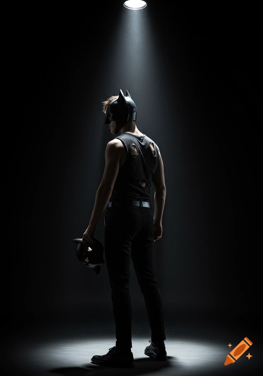 A man in a torn black tank top and Batman mask, back to camera, stands under a spotlight in a dark studio, holding another mask.