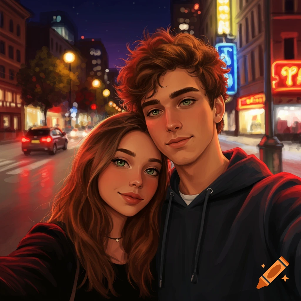 A stylized digital art selfie of a young couple with green eyes in a vibrant city at night, with neon signs and blurred car lights in the background.