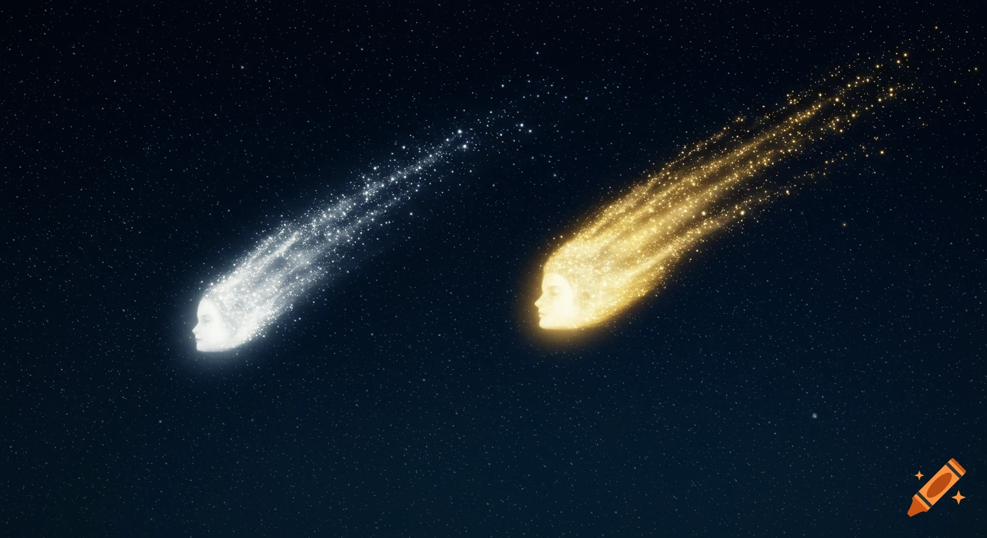 Two ethereal, glowing white and gold face-shaped falling stars streak across a dark, starry night sky.