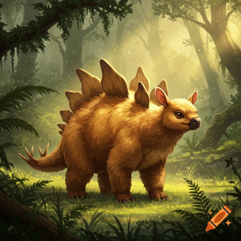 A furry, brown Stegosaurus-like mammal stands in a sunlit, lush green forest. Digital illustration.