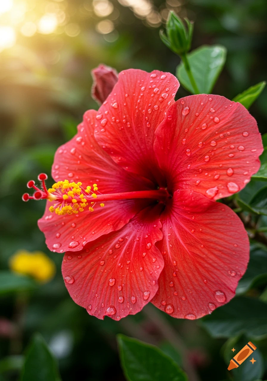 A vibrant red hibiscus flower covered in water droplets with a yellow stamen, set against a blurred green background with a sun flare.