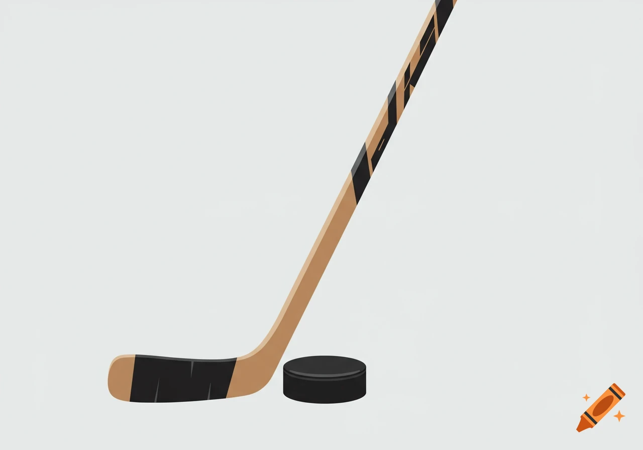 A wooden hockey stick with black tape stands next to an all-black puck on a white background.