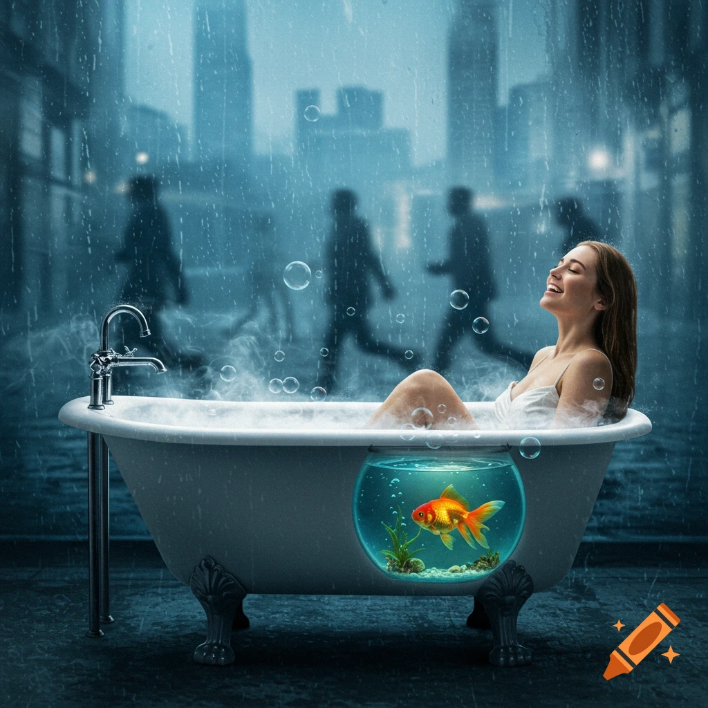 A happy woman in a bathtub with a goldfish bowl attached sits on a rainy city street as blurred figures rush by.