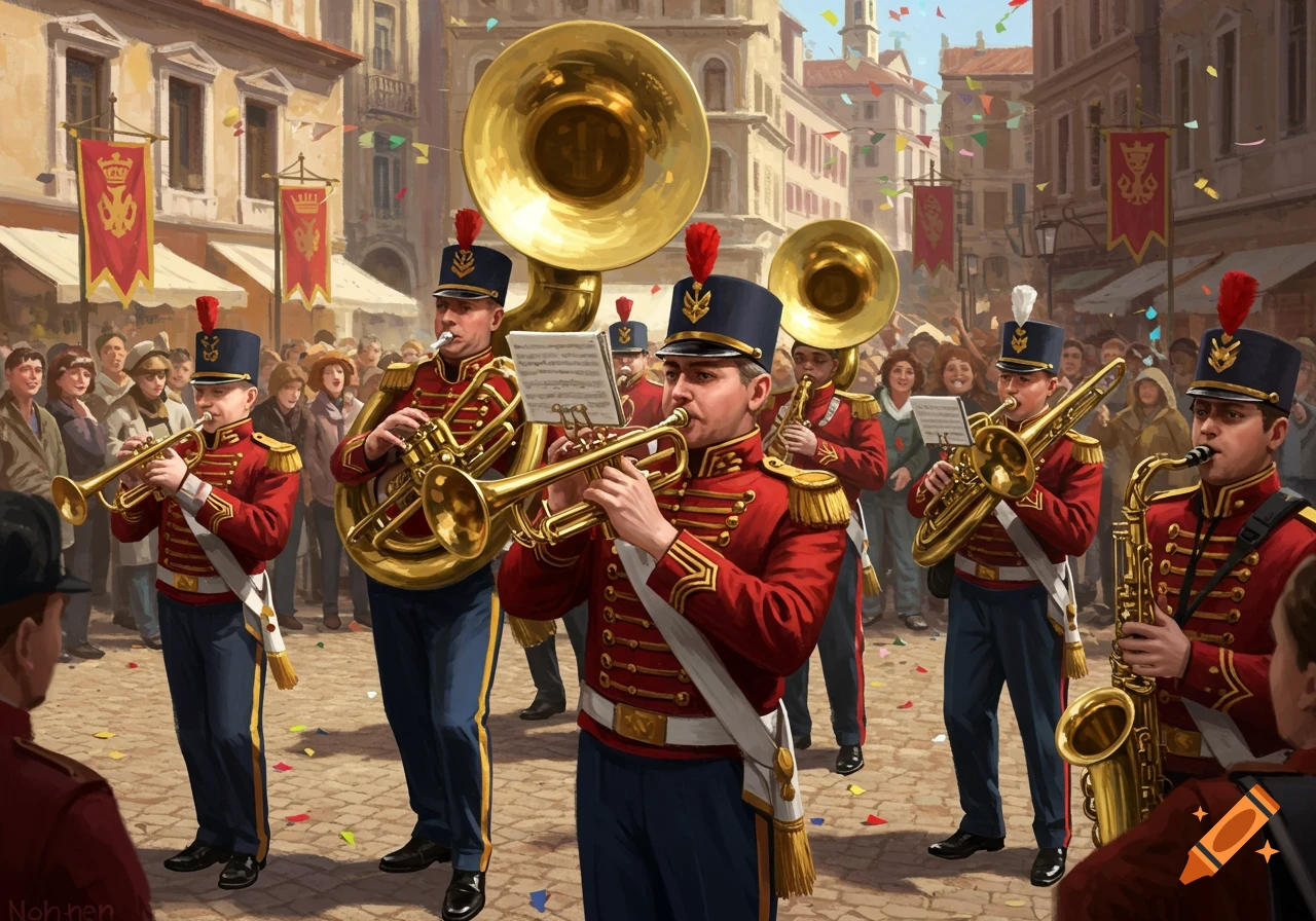 A brass band in red and blue uniforms plays instruments in a lively street parade with crowds and confetti, in a painting style.