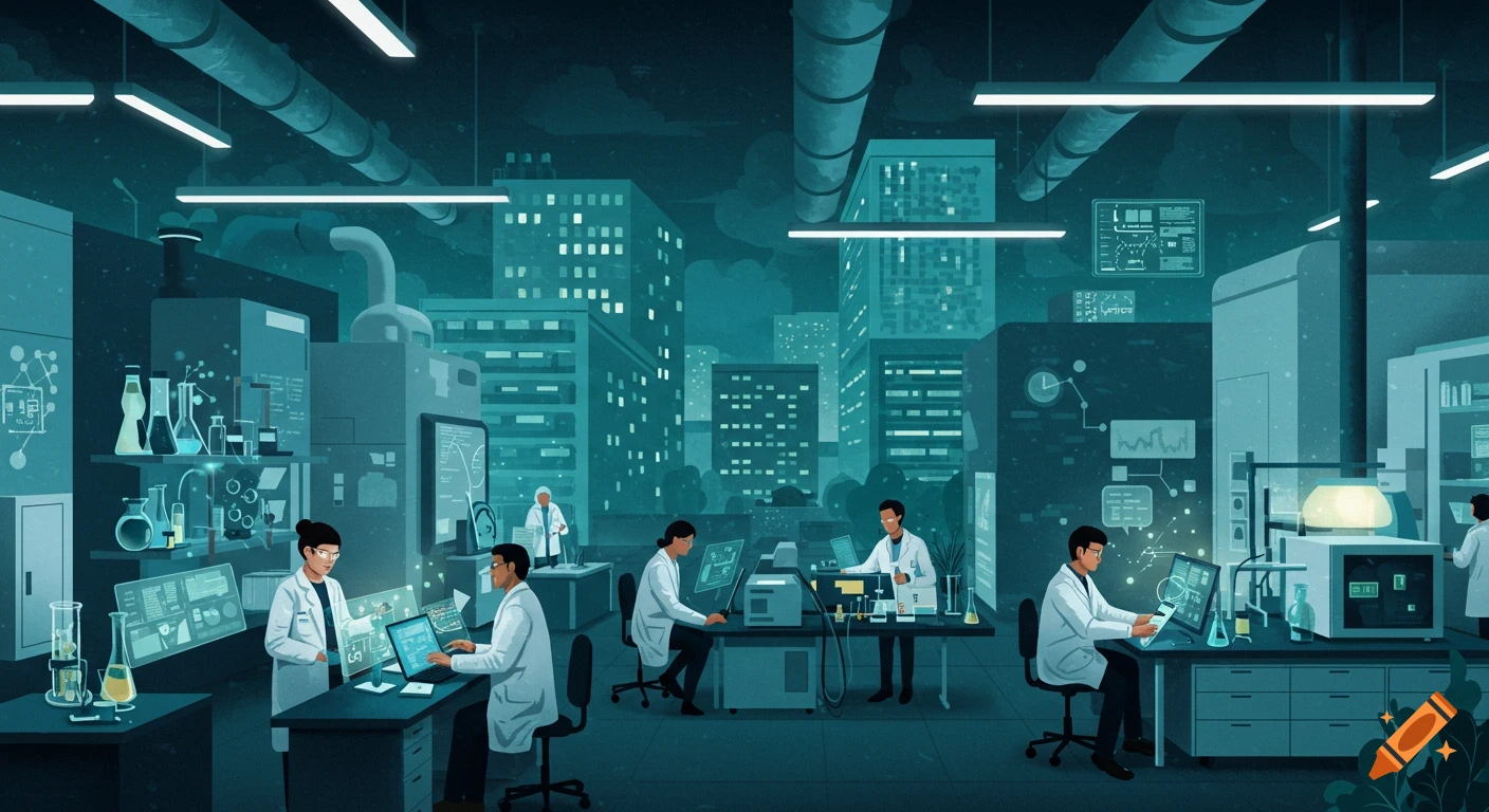 Illustrative depiction of scientists working with computers and lab equipment in a modern laboratory, with a city skyline in the background.