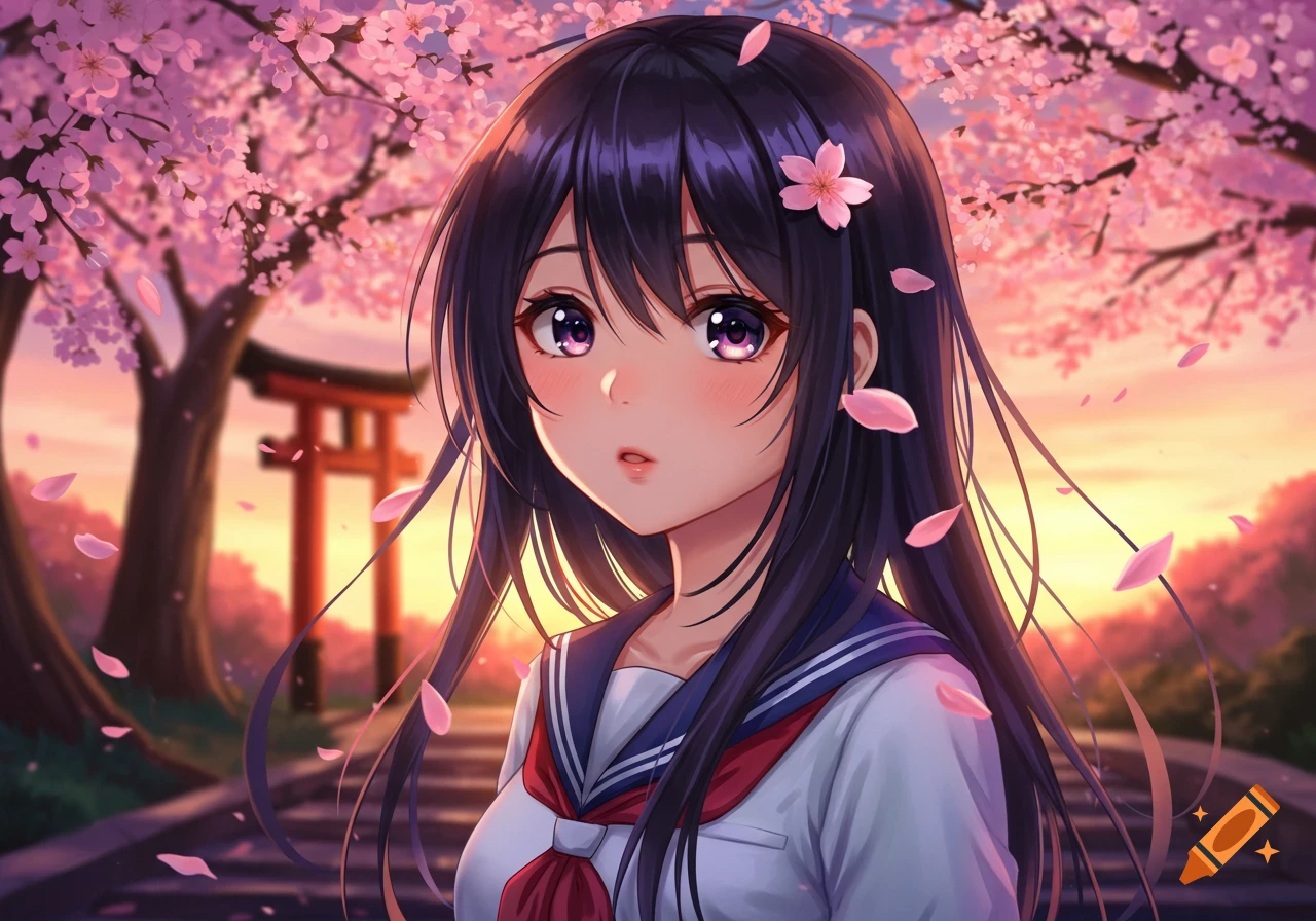 Anime girl in a school uniform under a cherry blossom tree at sunset, with a torii gate in the background. Petals fall around her.