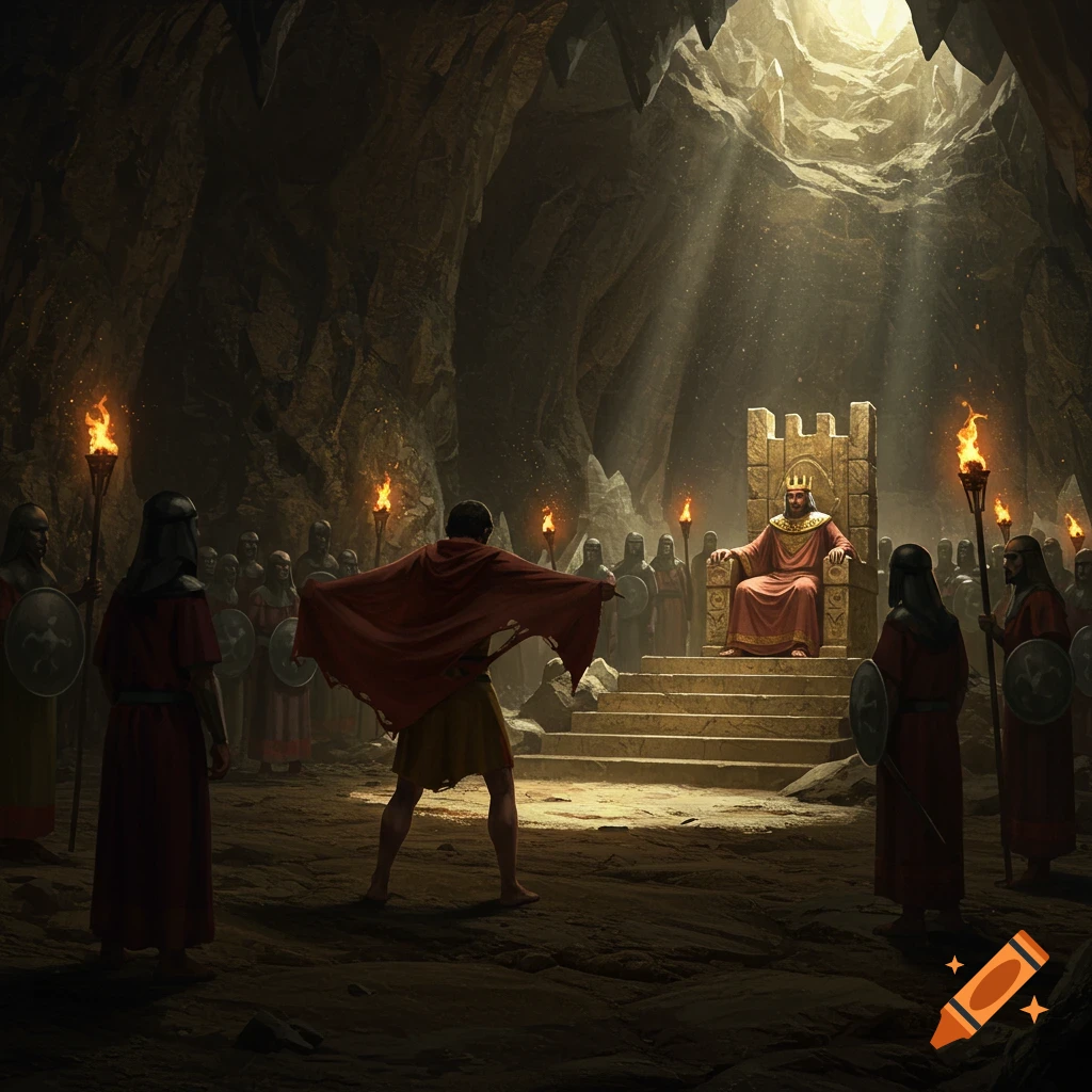 A man tears his cloak before a king on a throne in a dramatic, torch-lit cave with guards and sunlight from above.