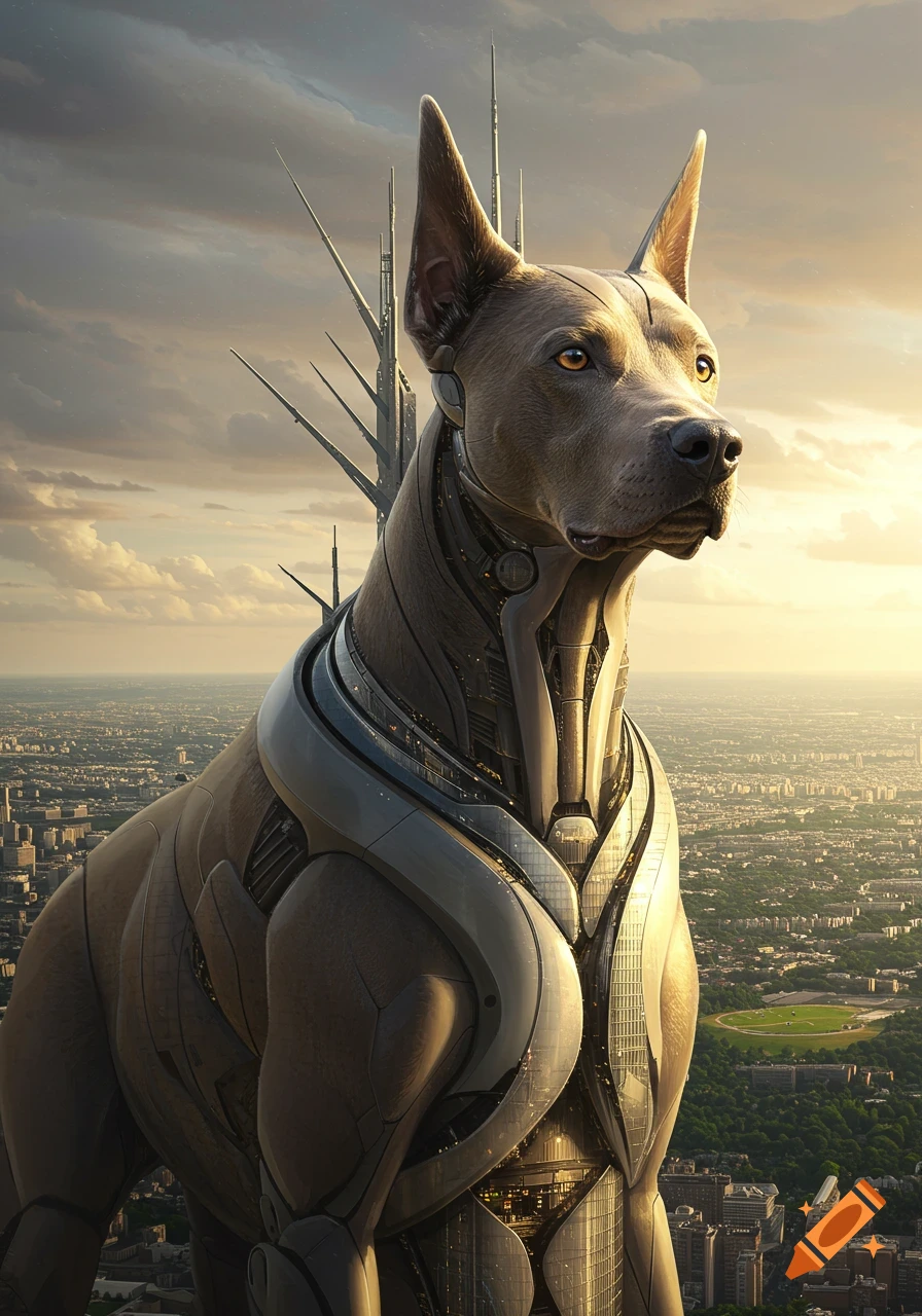 A giant dog-like creature with metallic, skyscraper-like armor stands overlooking a futuristic city at sunset.