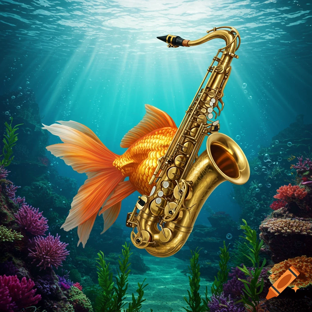 A highly realistic saxophone and goldfish hybrid creature swims gracefully amidst a vibrant coral reef underwater, illuminated by sun rays.