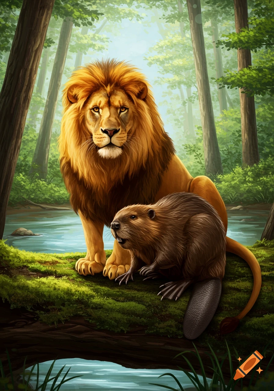A majestic lion and a beaver sit together by a river in a lush, green forest.