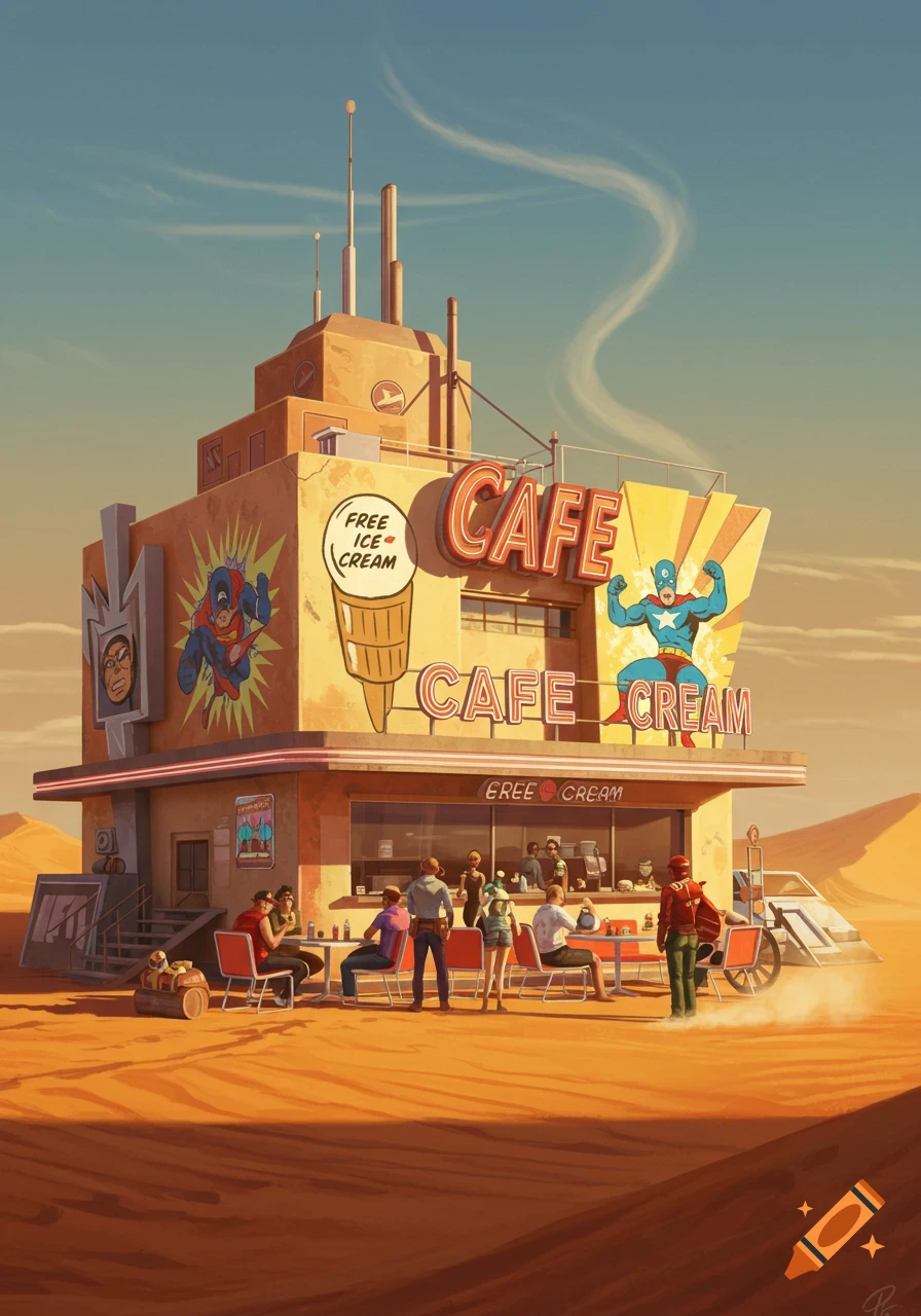An artwork depicting a retro-futuristic cafe in a desert with superhero murals and people sitting outside, under a blue sky.