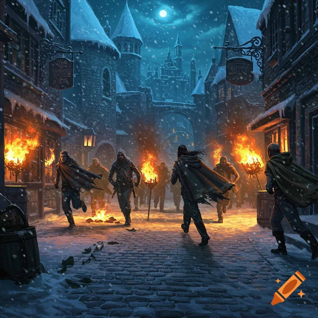 Cloaked figures run through a snowy medieval fantasy city street at night, illuminated by torches and burning buildings.