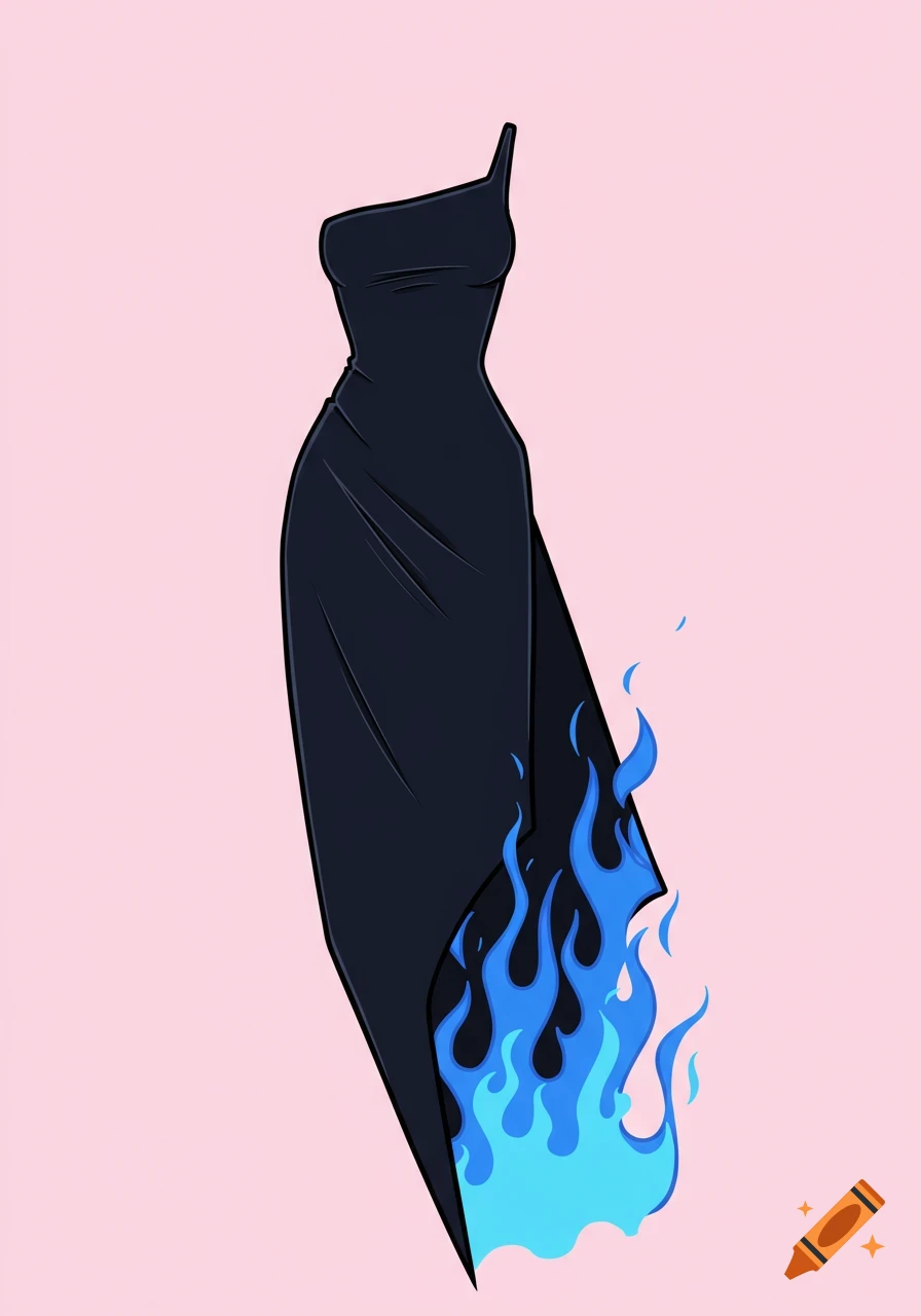 Cartoon-style black asymmetrical dress with blue flames rising from the skirt, set against a light pink background.