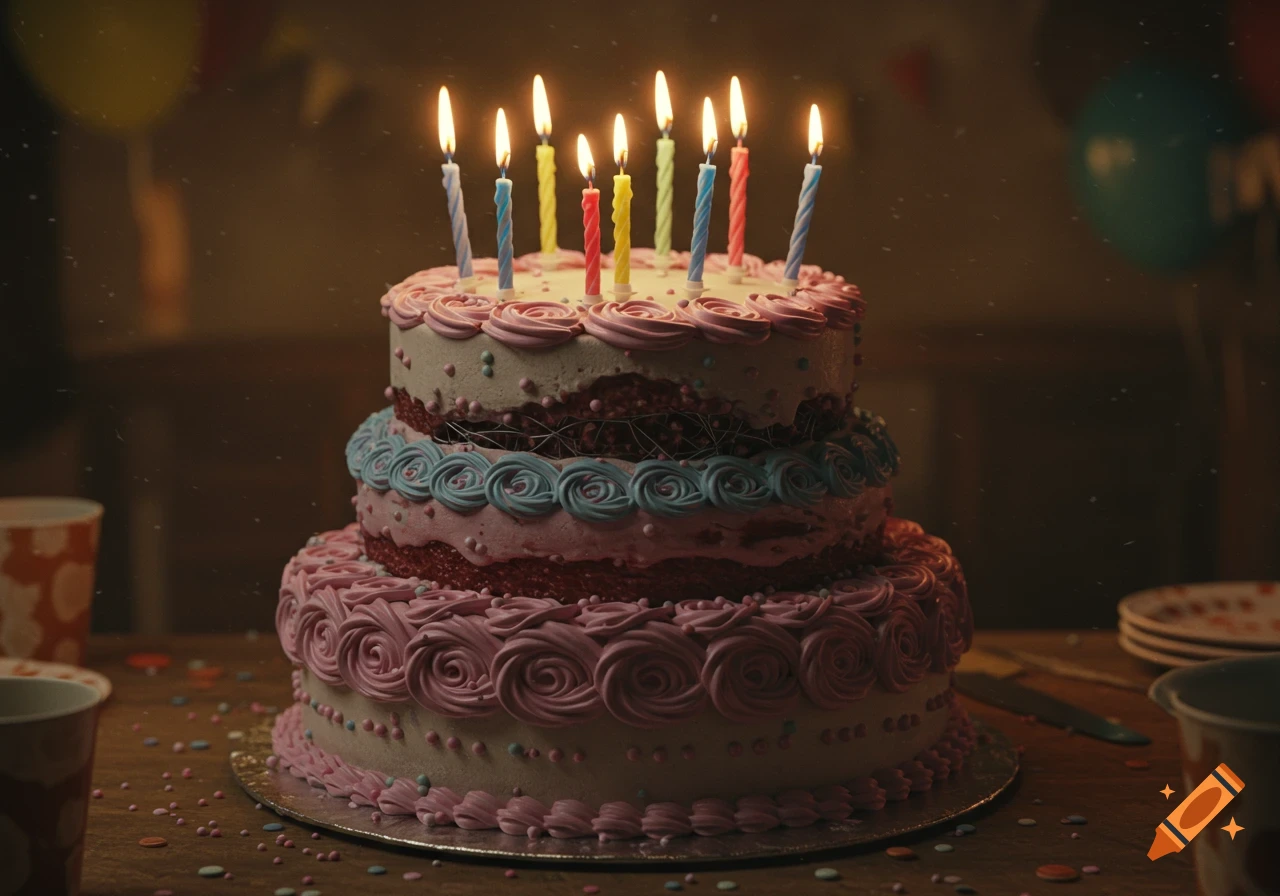 A three-tier pink and white birthday cake with nine lit candles sits on a wooden table at a party.