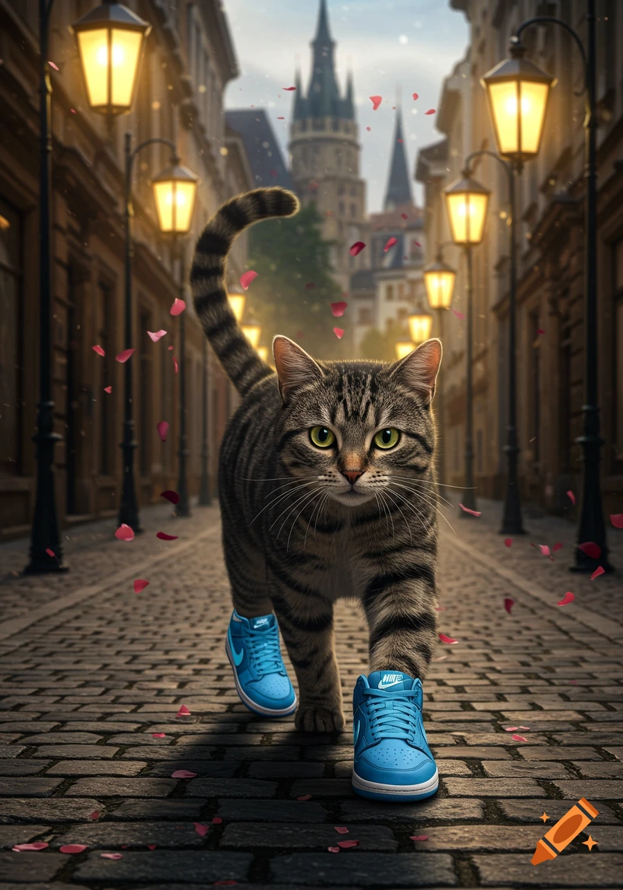 A tabby cat in bright blue sneakers walks down a cobblestone street with lampposts and buildings, as rose petals fall.