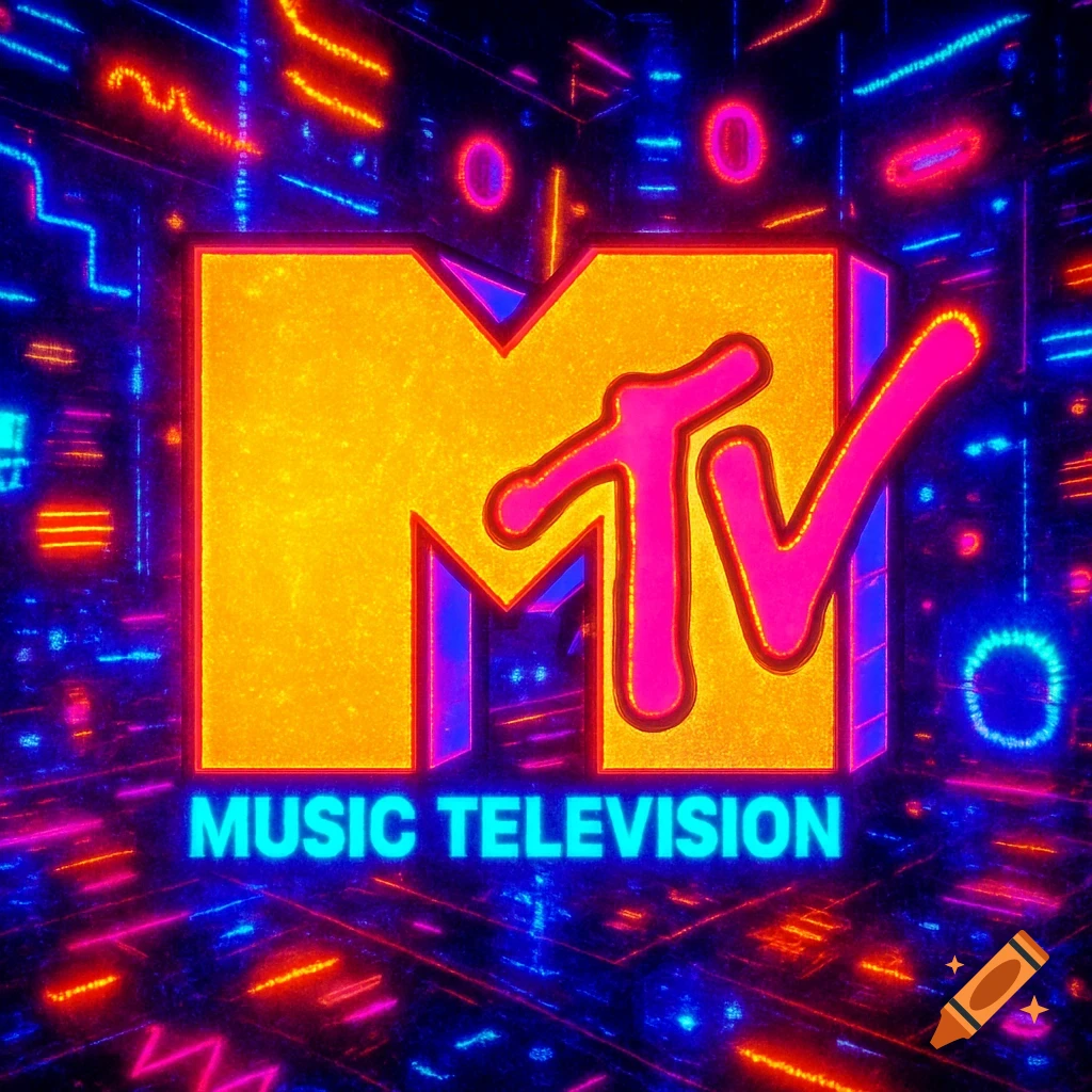 Neon-lit MTV logo with 'MUSIC TELEVISION' glowing below, set in a dark, retro-futuristic environment with blue and pink circuits.
