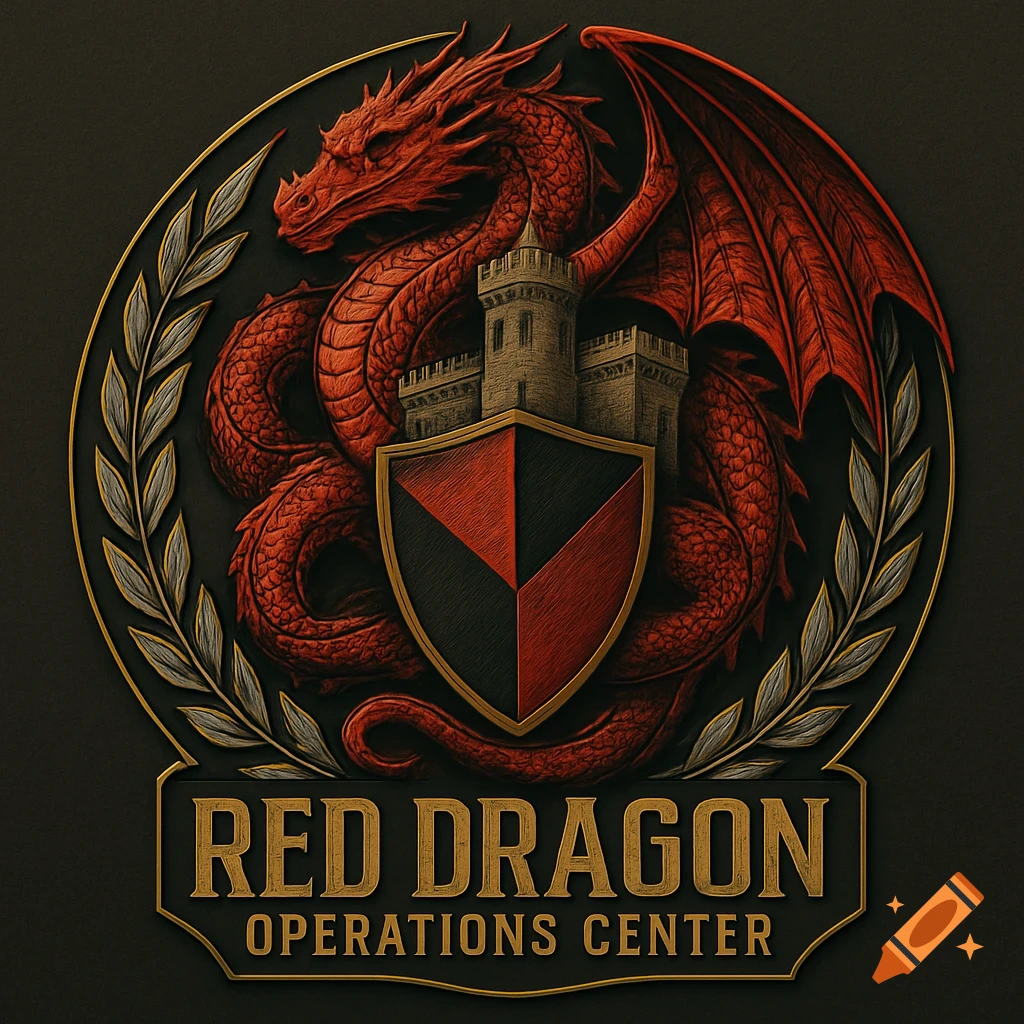 An embossed military-style seal featuring a red dragon coiled around a castle and shield, with gold text 'RED DRAGON OPERATIONS CENTER'.