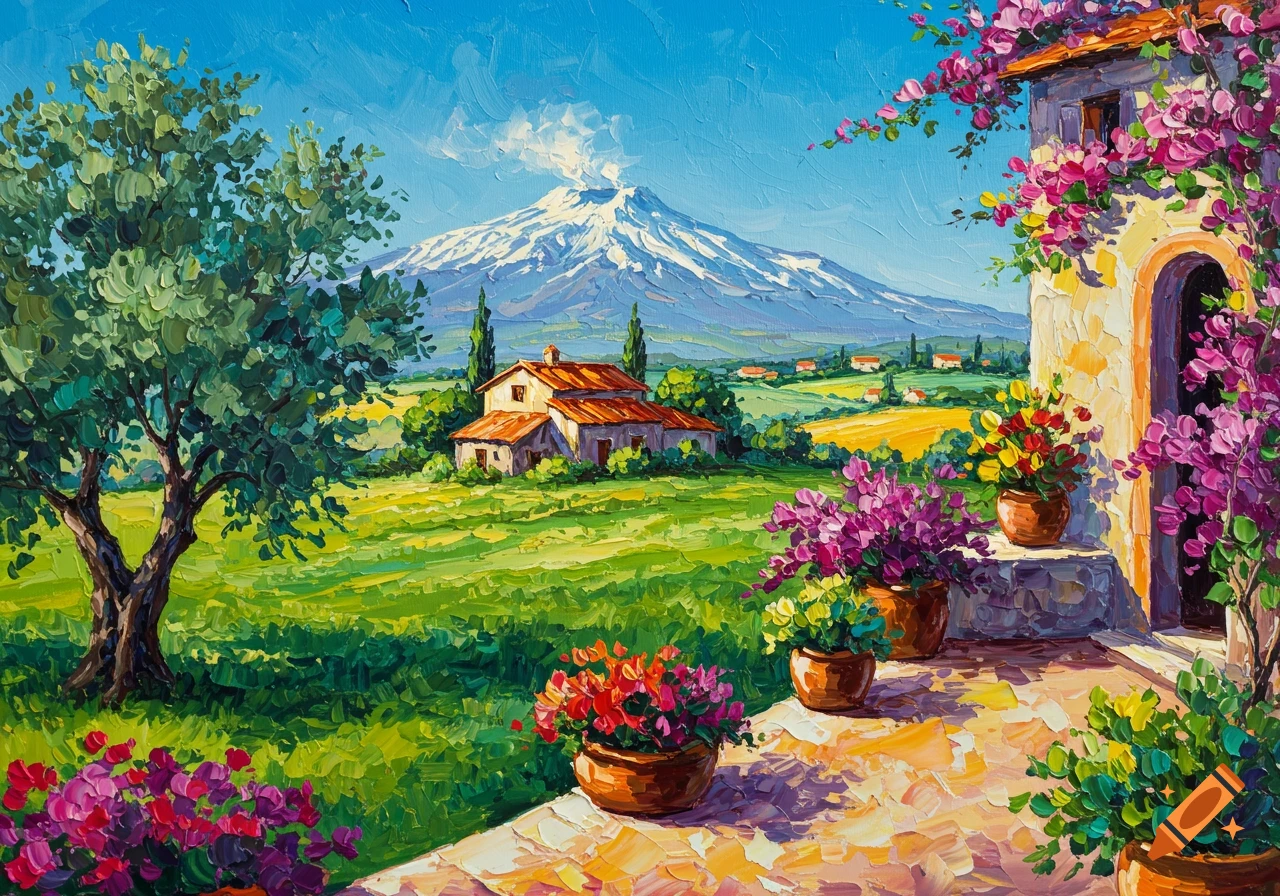 Vibrant palette knife painting of a rural Italian landscape with a house, olive tree, blooming bougainvillea, and a snow-capped mountain.