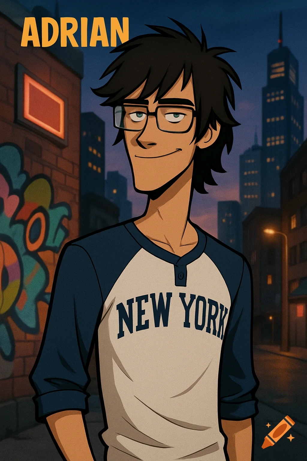 Cartoon portrait of Adrian, a young man with dark shaggy hair and glasses, wearing a 'NEW YORK' baseball shirt on an urban street.