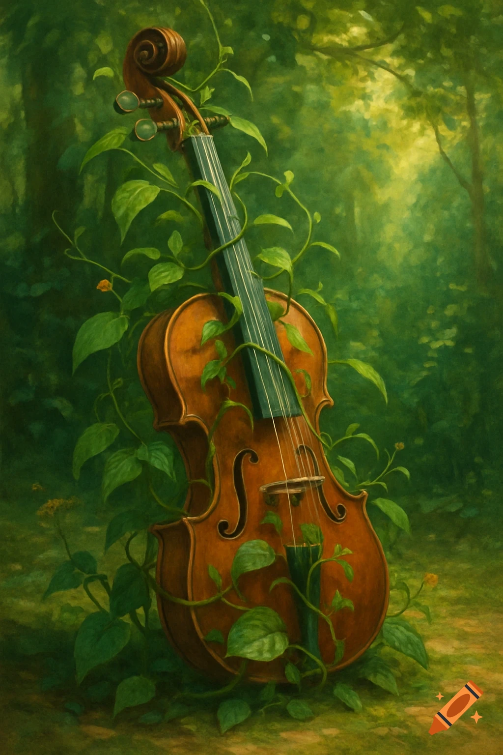 A wooden violin covered in green vines stands upright in a lush, green forest, with light filtering through the trees.