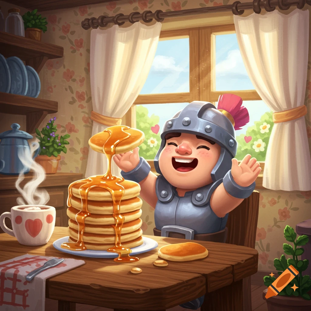 Cartoon Mini Pekka happily pouring syrup on a tall stack of pancakes in a cozy, sunlit kitchen.