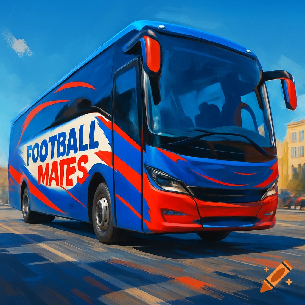 A blue and red bus with 'FOOTBALL MATES' on its side, driving on a sunny street.