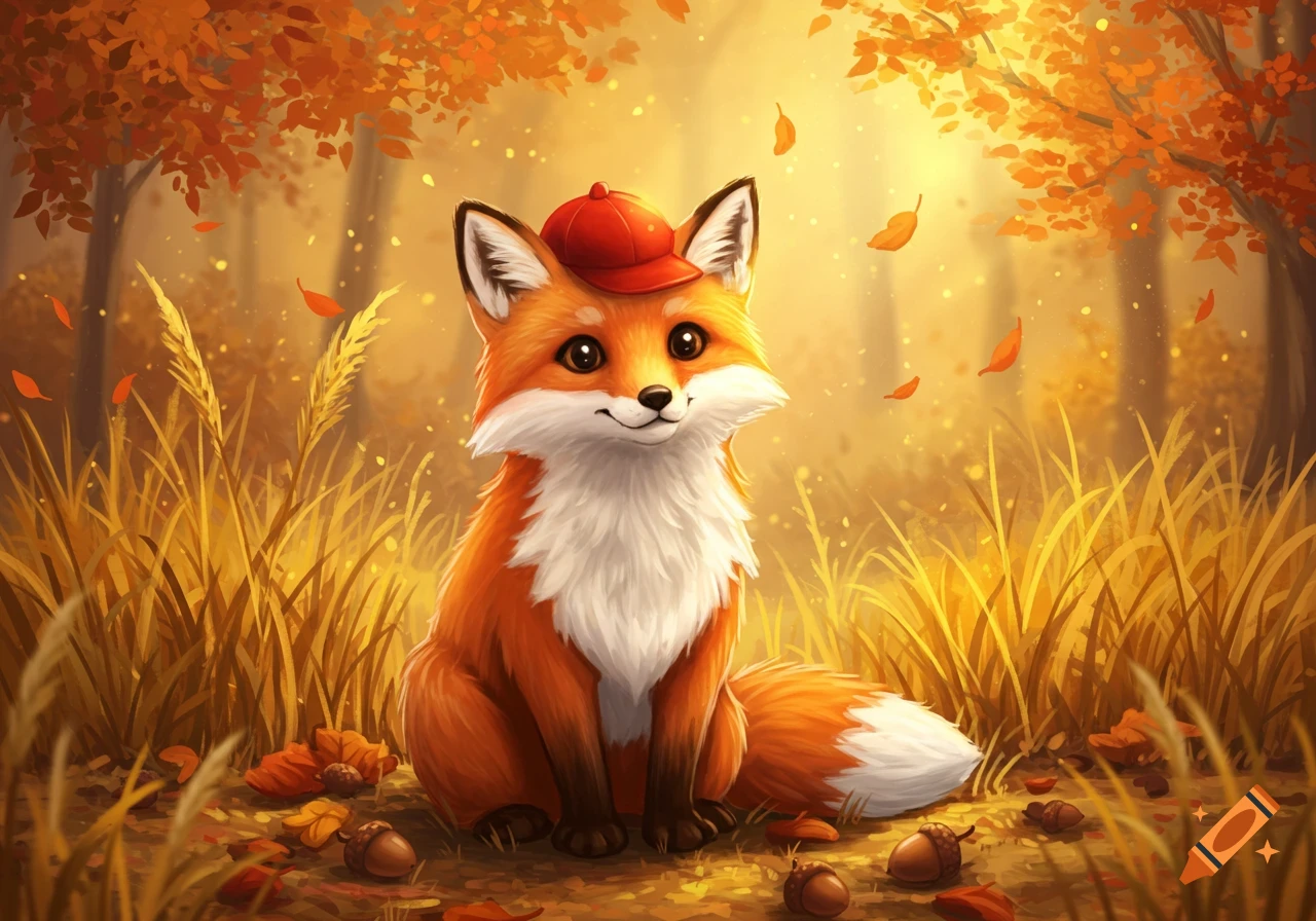 A cute, smiling cartoon fox wearing a red cap sits in a vibrant autumn forest with falling leaves and acorns.