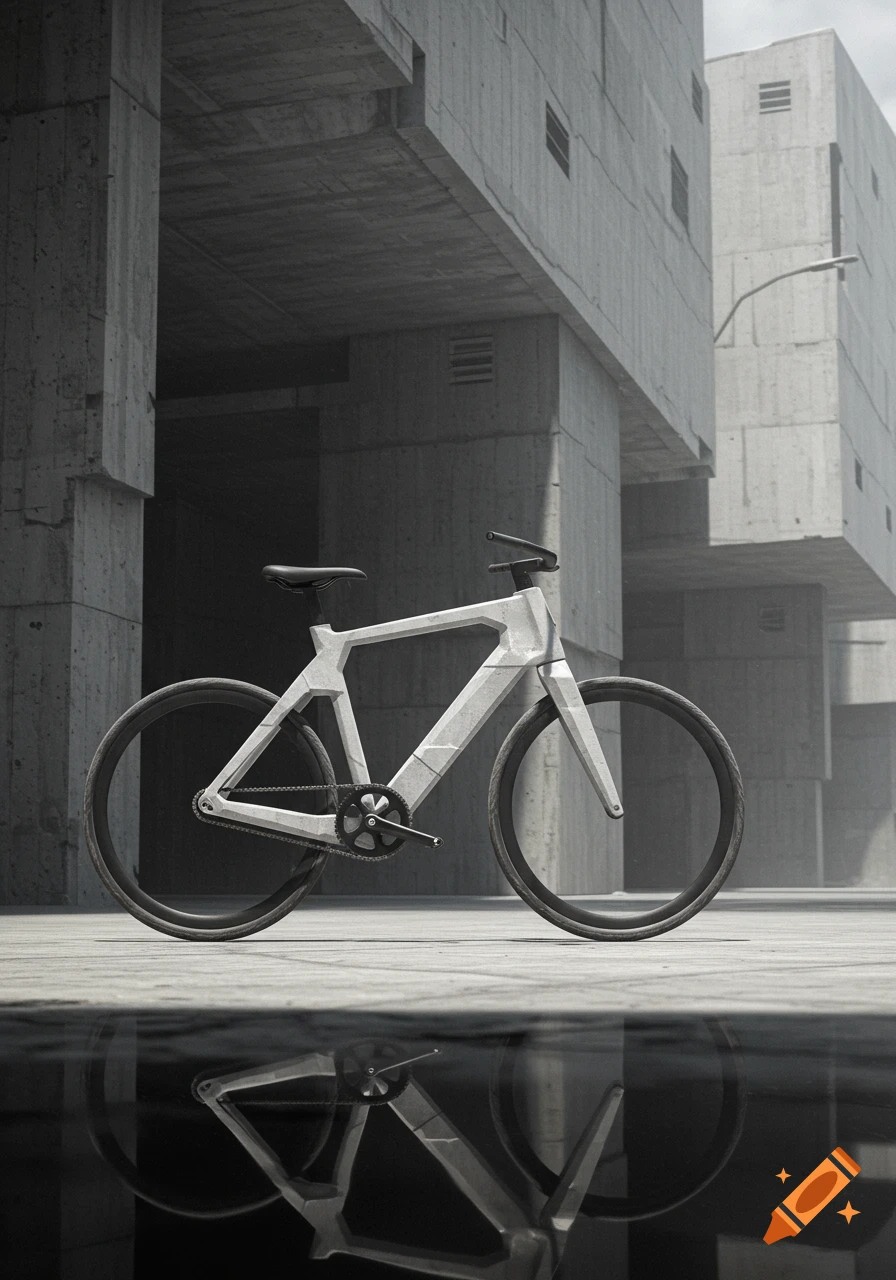 A brutalist concrete bicycle with an angular frame, reflected in a shallow pool, set against a backdrop of concrete brutalist architecture.
