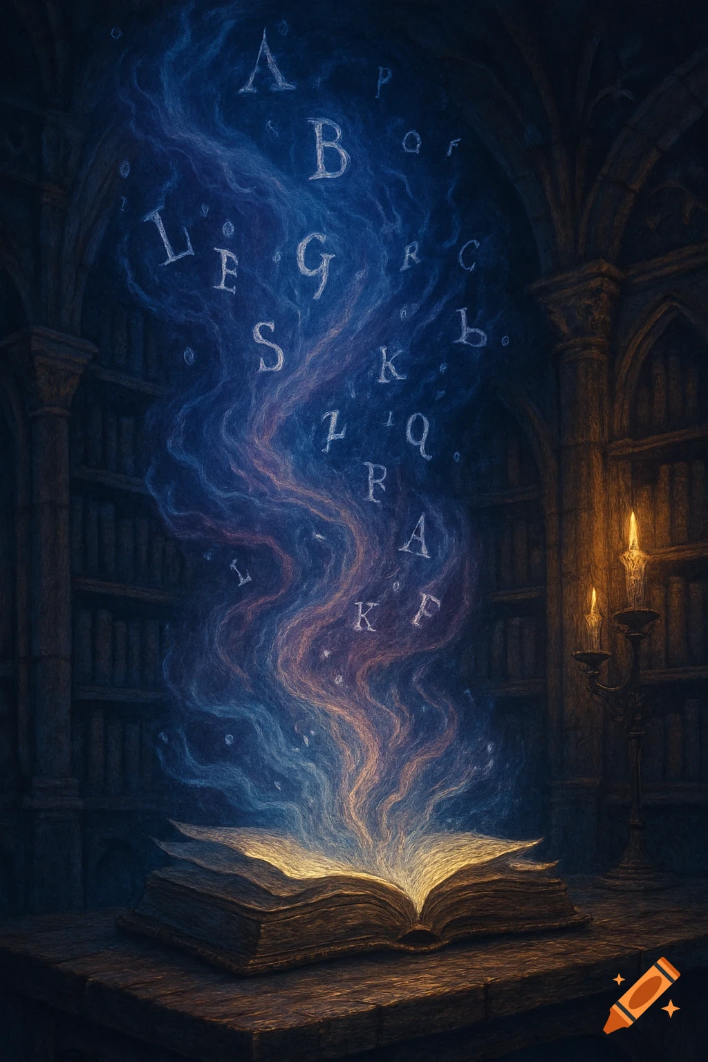 An open, glowing book on a wooden table in a dark, vaulted library, with mystical blue and purple smoke rising, filled with floating letters.