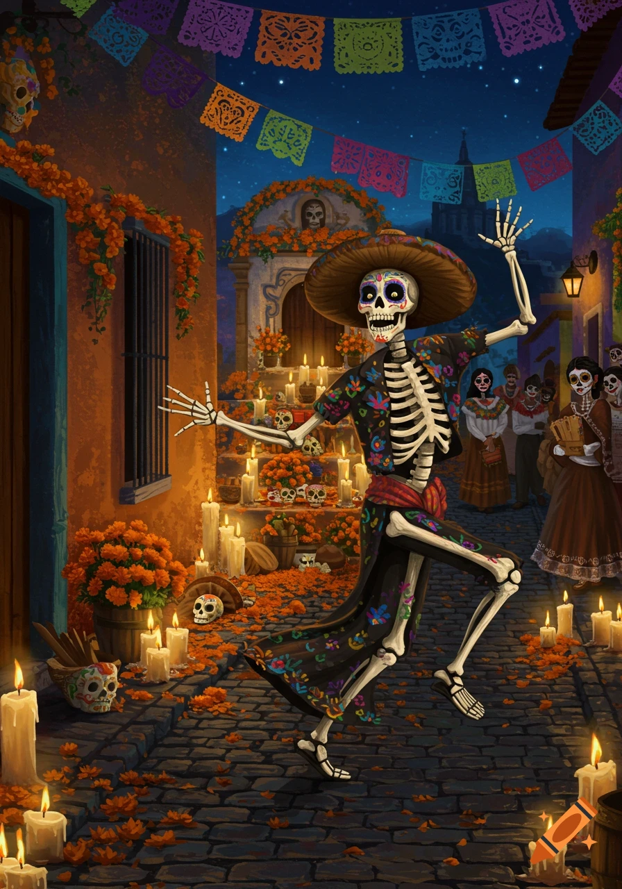 A vibrant illustration of a dancing skeleton (calaca) in a sombrero on a cobblestone street decorated for Dia de Muertos with marigolds, candles, and papel picado banners.