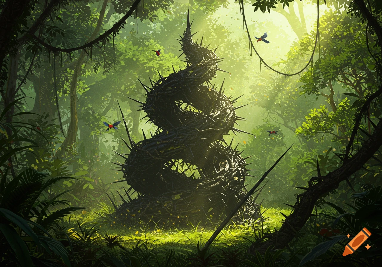 A giant, dark, spiraling thorn structure in a vibrant, sun-dappled dense jungle with small birds flying around.