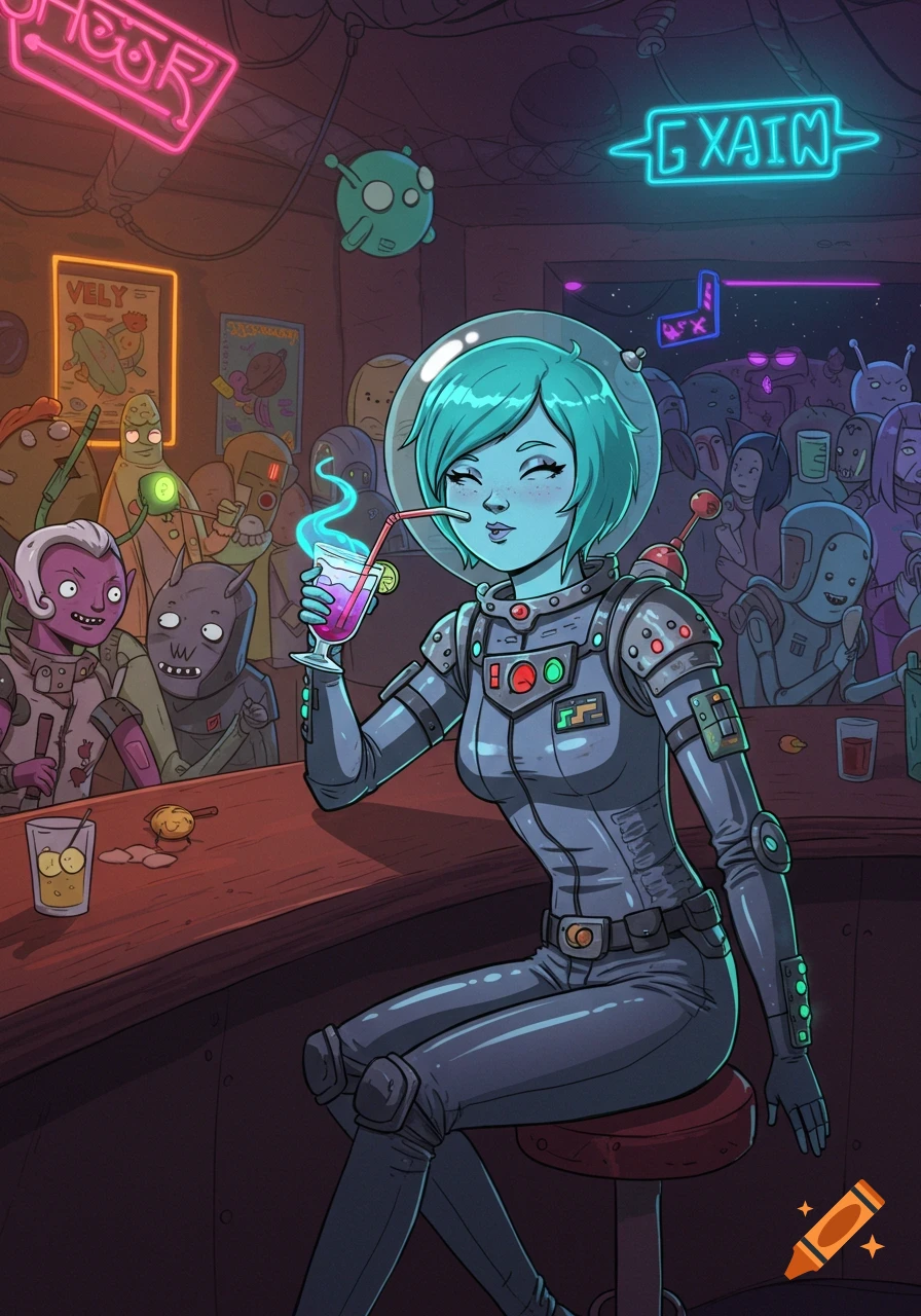 A female space rogue with teal hair in a spacesuit drinks at a crowded alien bar, in a vibrant cartoon style.