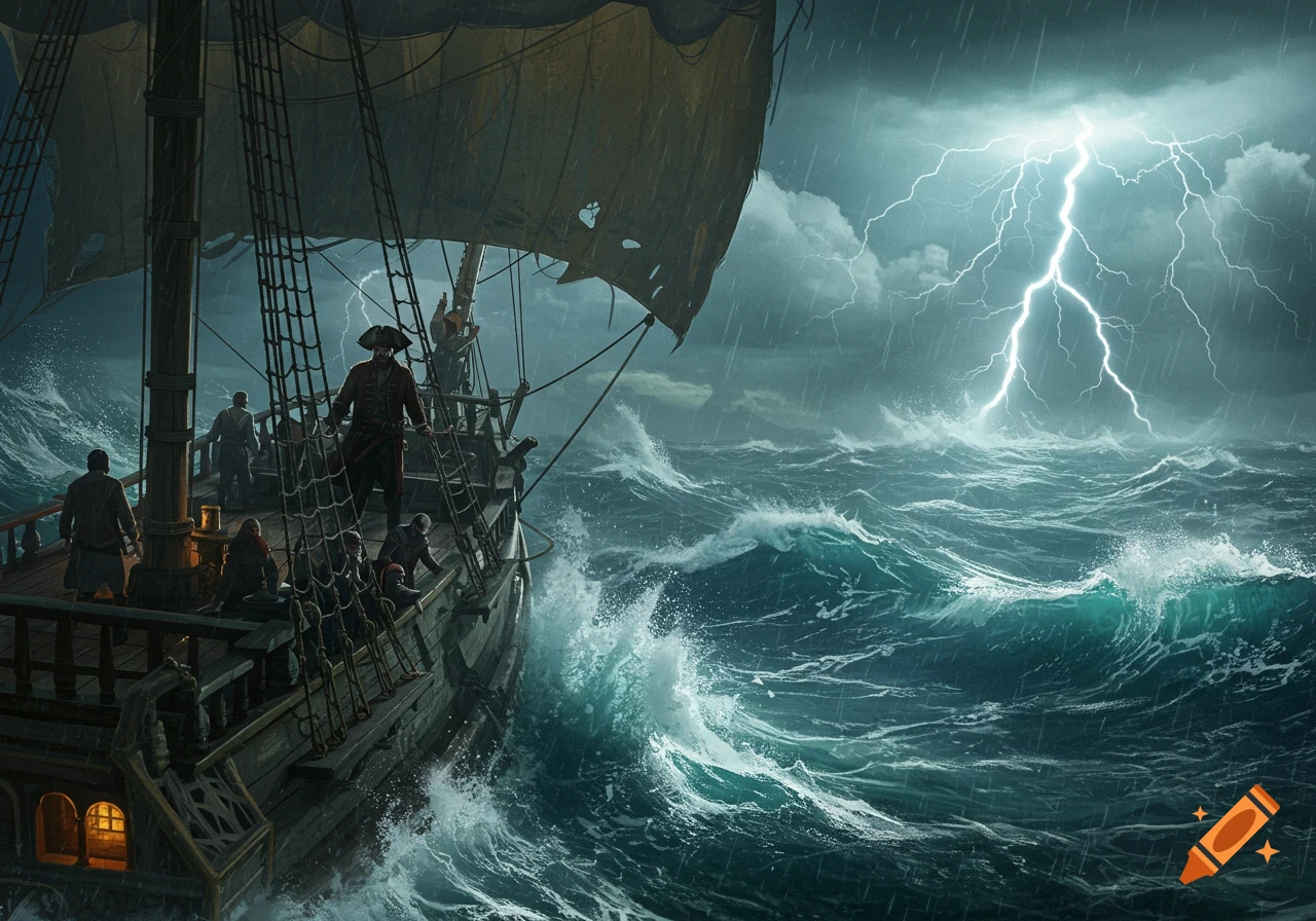 A pirate ship with a crew navigates a stormy sea under heavy rain, illuminated by a bright lightning strike.