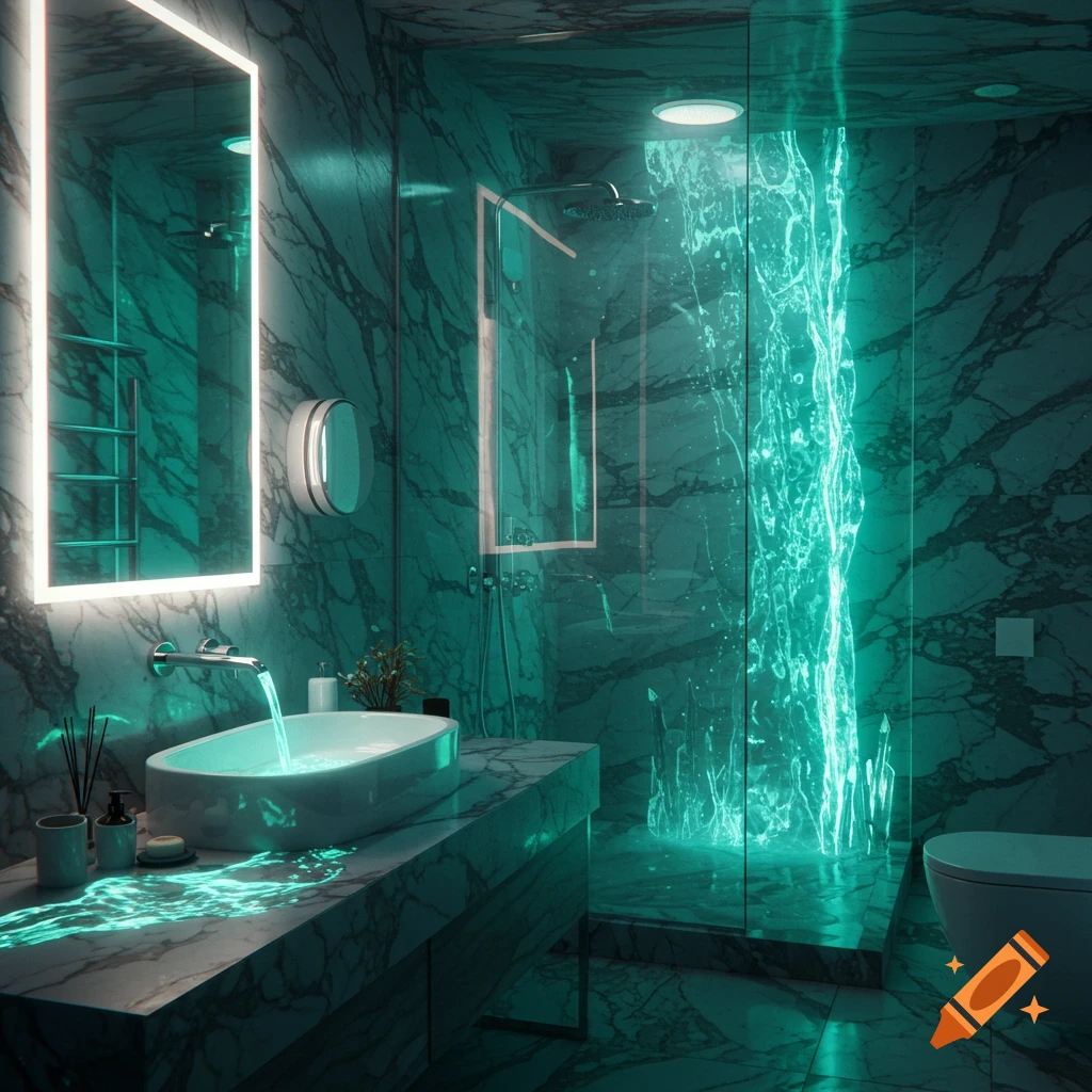 A modern bathroom with glowing, teal, crystalline water flowing from the faucet and shower. Marble walls and counters reflect the light.