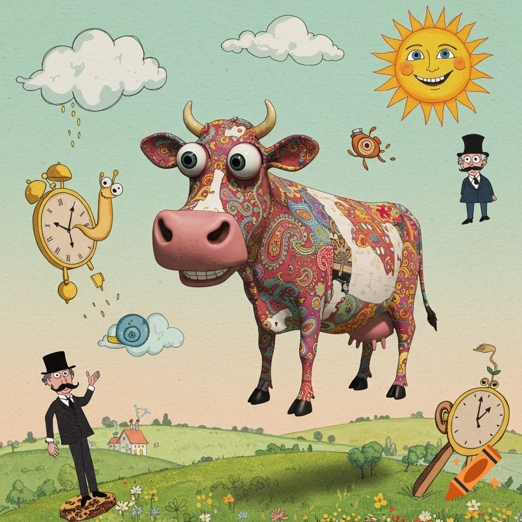 A whimsical, cartoon illustration of a paisley-patterned cow floating over a green hill with surreal elements like clocks, sun, and tiny men.