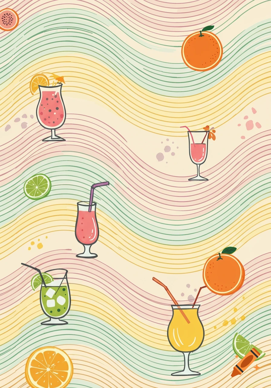 Stylized seamless pattern of wavy lines in pastel colors, featuring illustrations of cocktails, oranges, and limes.
