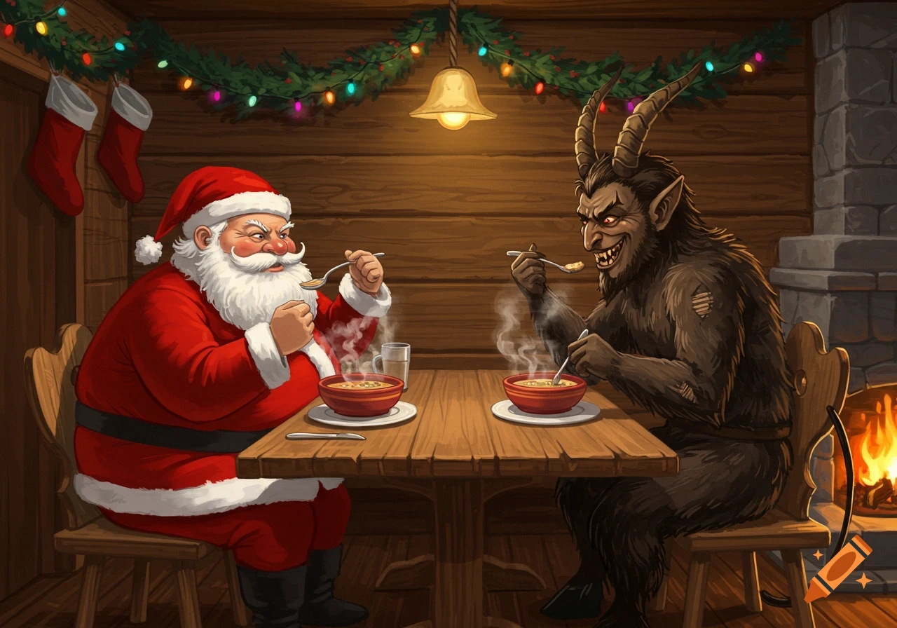 Stylized illustration of Santa Claus and Krampus sharing a meal of steaming soup at a wooden table in a festive cabin.