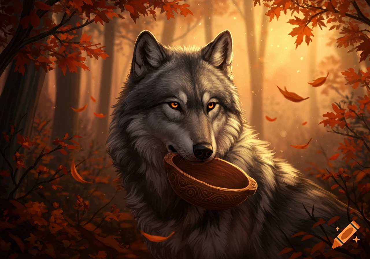 A majestic grey wolf with glowing orange eyes holds a patterned wooden bowl in its mouth, standing in a vibrant autumn forest with golden light.
