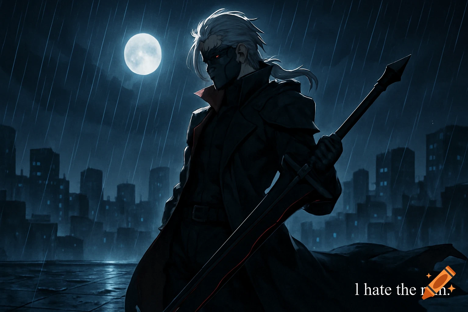 An anime-style image of a cloaked swordsman with a mask and glowing eyes standing on a rainy rooftop with a city skyline and moon in the background, holding a large sword. Text says "I hate the rain".