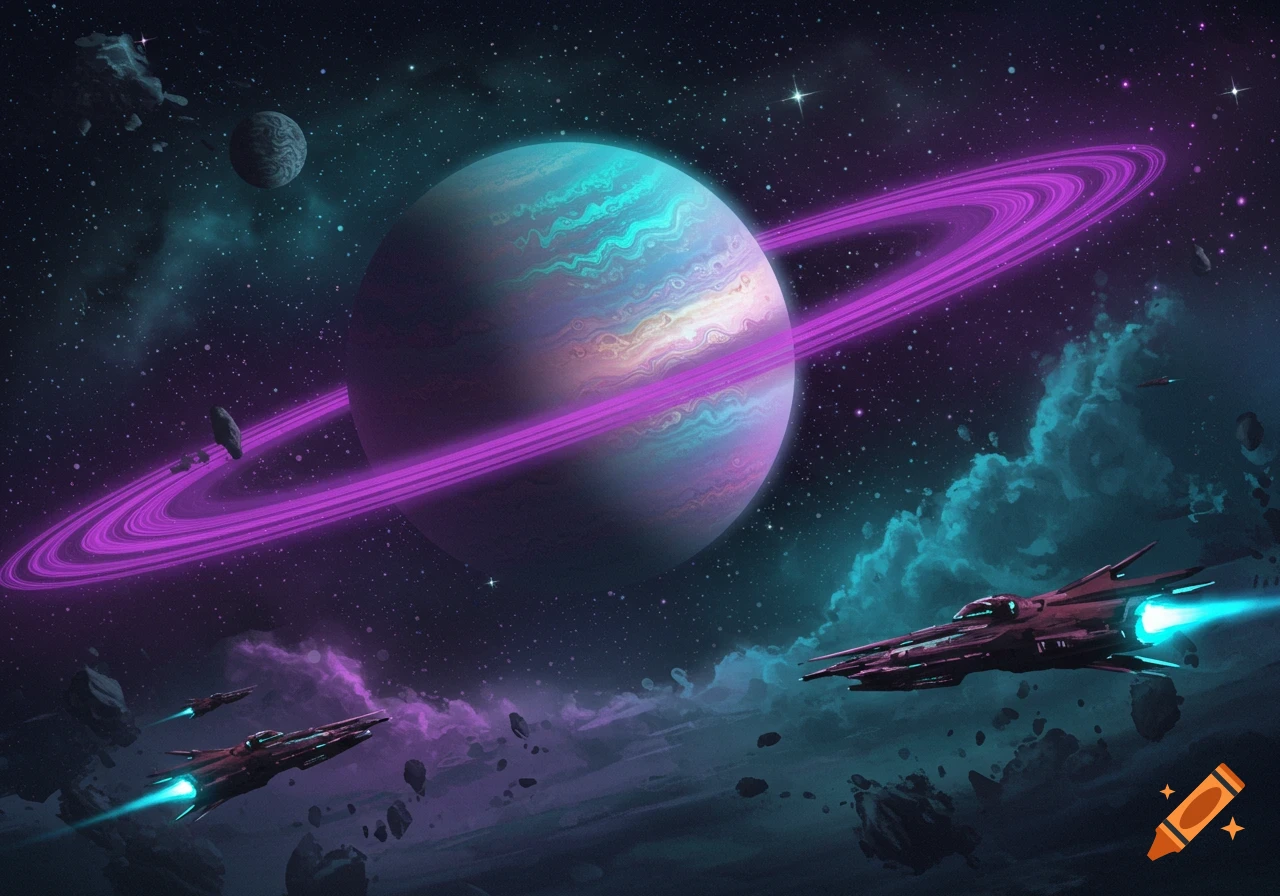 A colorful ringed planet, spaceships, nebulae, and asteroids in deep space.