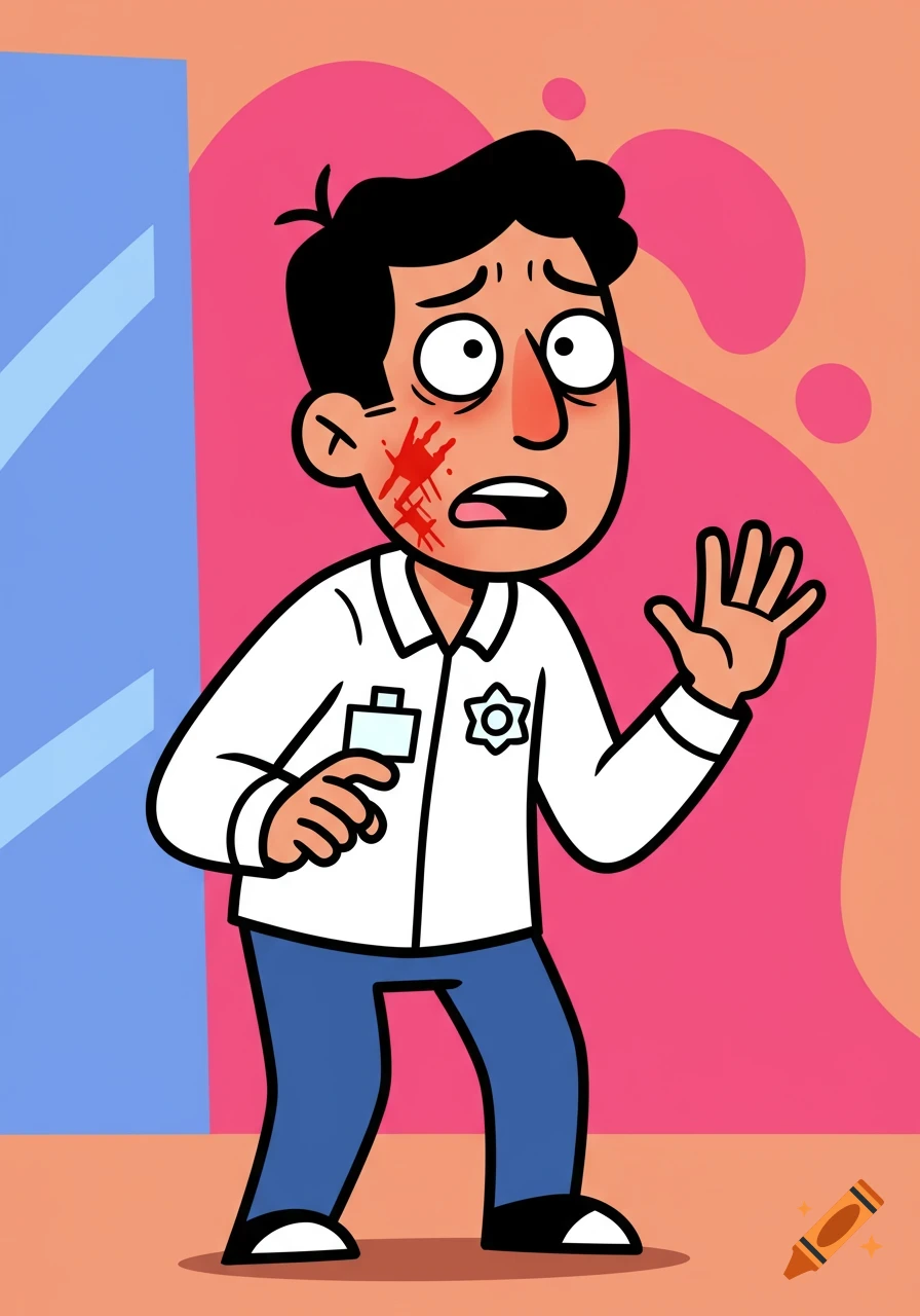 Cartoon Network style illustration of a social worker with blood on his cheek, looking surprised and worried.