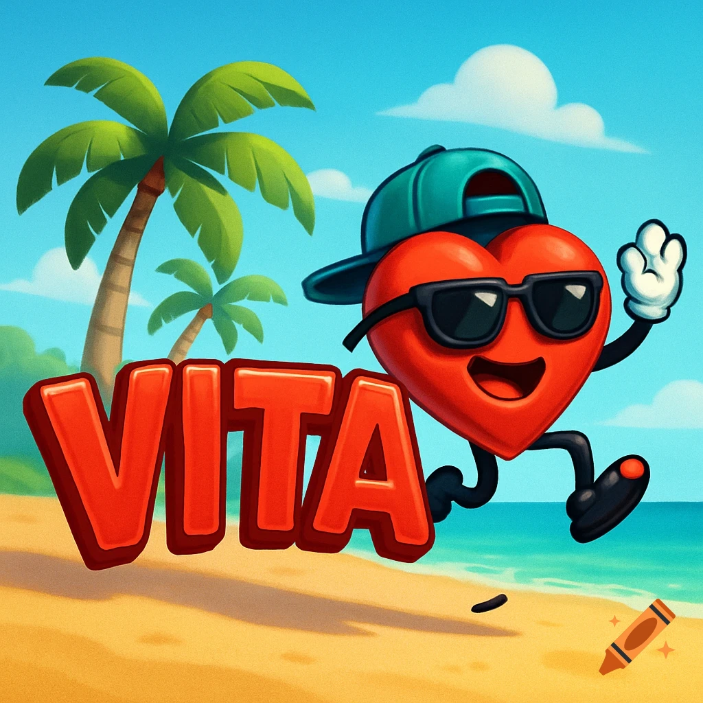 A cartoon red heart character with sunglasses and a backward cap jumps on a sunny beach next to the 3D red text 'VITA'.