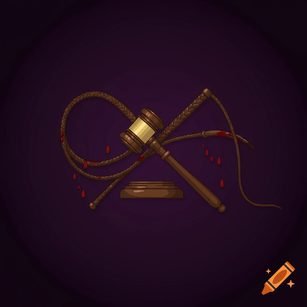 Stylized illustration of a brown wooden gavel crossed with a blood-splattered whip, on a dark purple background.