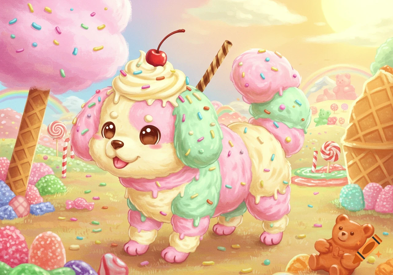 A cute, colorful ice cream dog with sprinkles and whipped cream on its head, standing in a whimsical candy land.