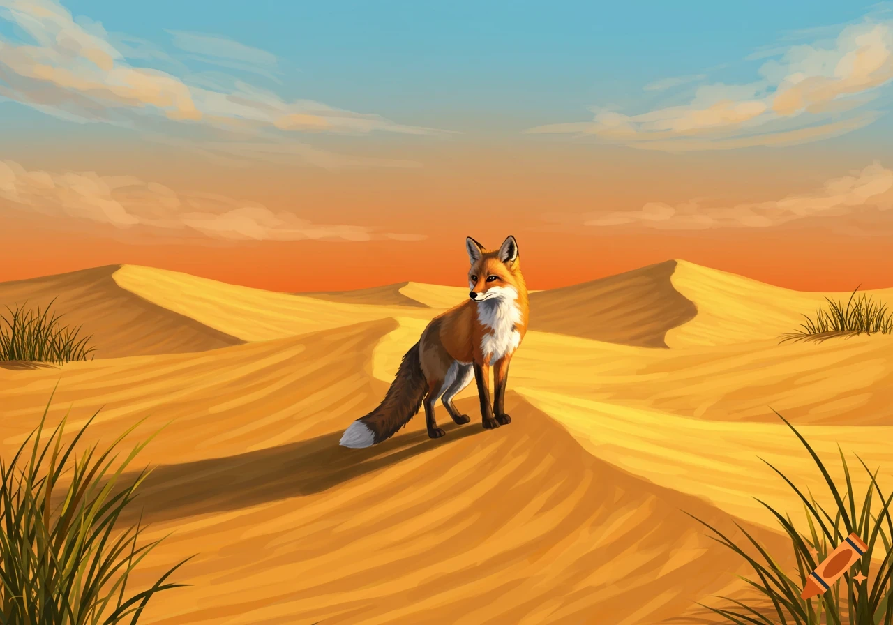 An illustrated red fox stands on a sand dune in a colorful desert landscape at sunset.